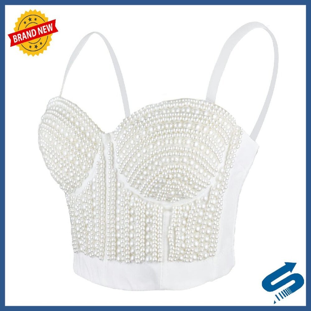 Pearl Beaded Bustier Crop Top, Adjustable Straps, Padded Underwire, XS-L